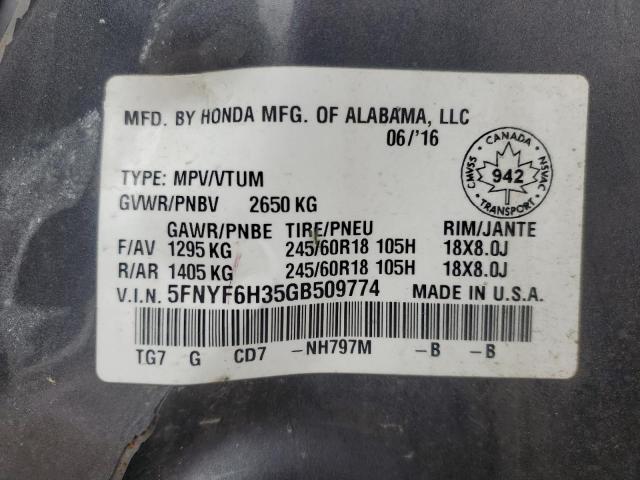 2016 HONDA PILOT EX 5FNYF6H35GB509774