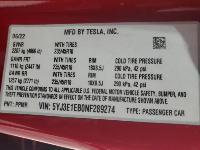 2022 TESLA MODEL 3 - 5YJ3E1EB0NF289274