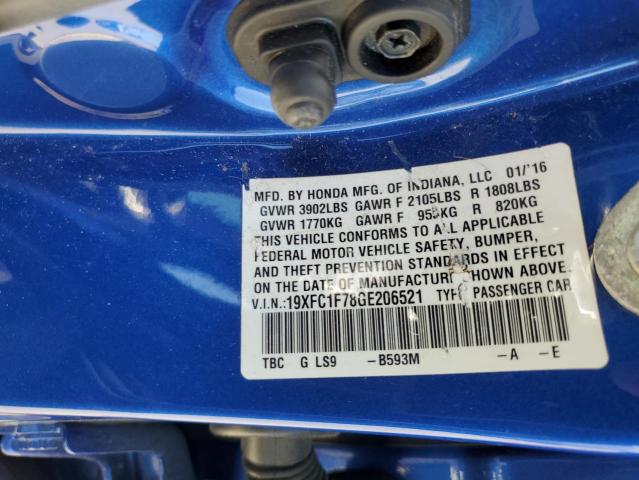 2016 HONDA CIVIC EXL 19XFC1F78GE206521