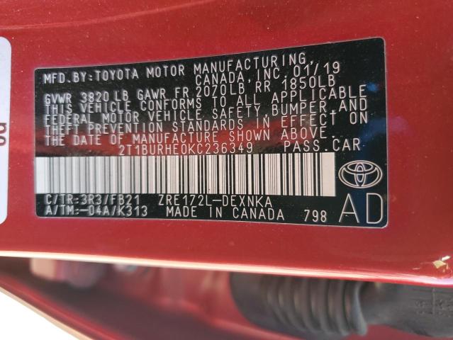 2019 TOYOTA COROLLA L 2T1BURHE0KC236349