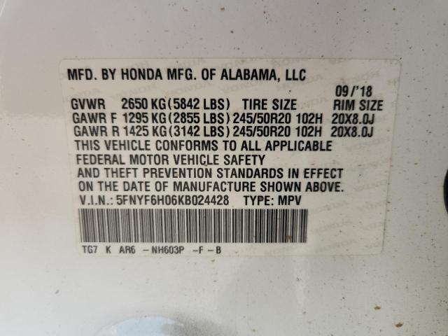 2019 HONDA PILOT ELIT 5FNYF6H06KB024428
