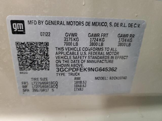 2022 CHEVROLET SILVERADO 3GCPDFEK9NG645362