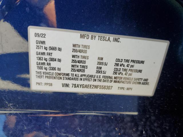 2022 TESLA MODEL Y 7SAYGAEE2NF558307