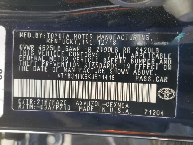 2019 TOYOTA CAMRY LE 4T1B31HK9KU511418