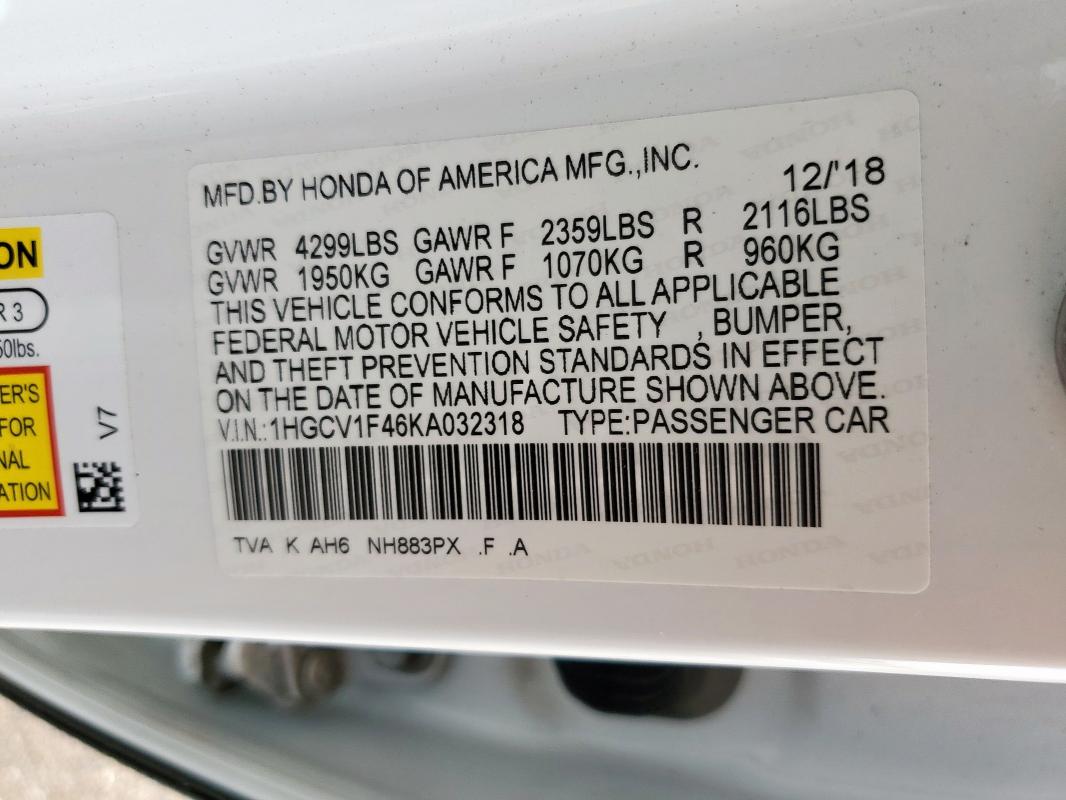 2019 HONDA ACCORD EX 1HGCV1F46KA032318