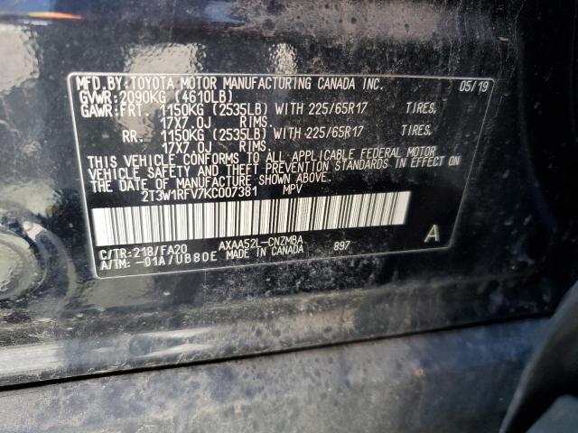 2019 TOYOTA RAV4 XLE 2T3W1RFV7KC007381