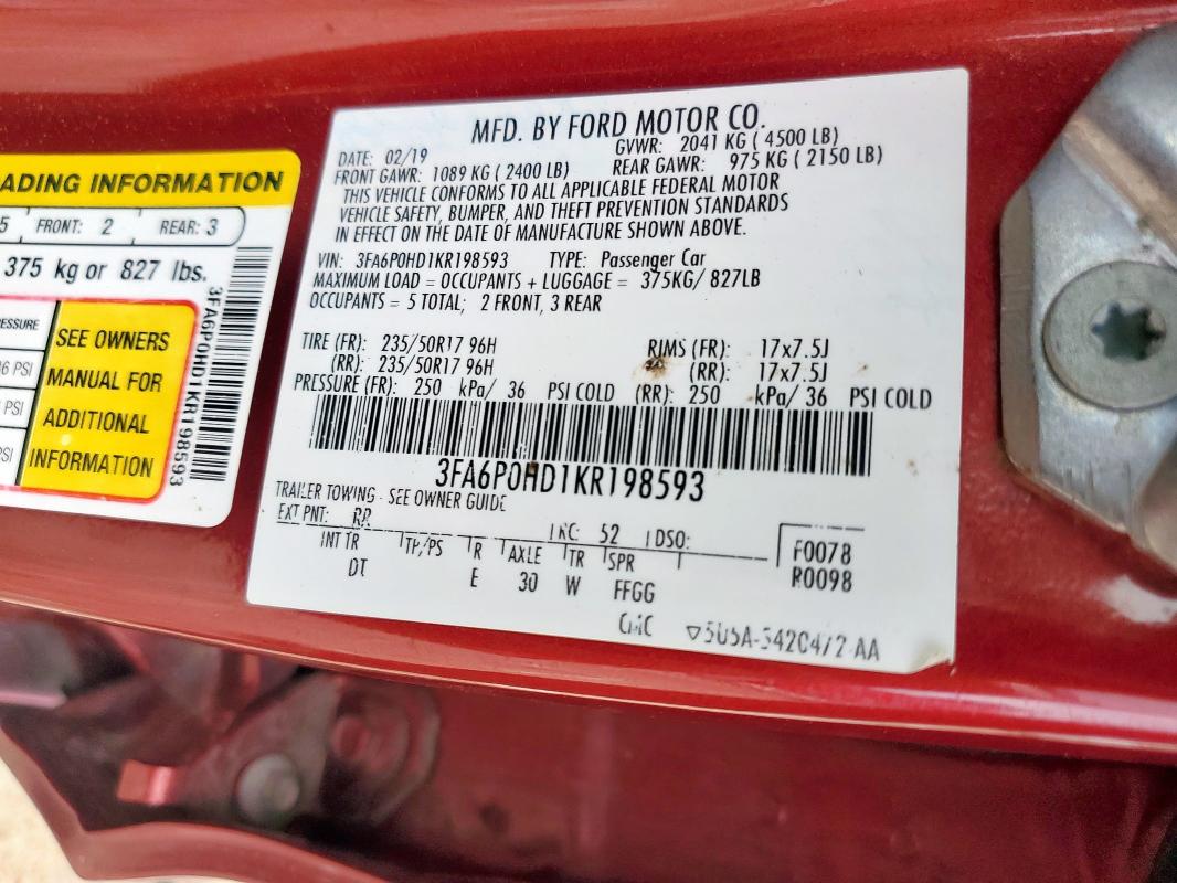2019 FORD FUSION SE - 3FA6P0HD1KR198593