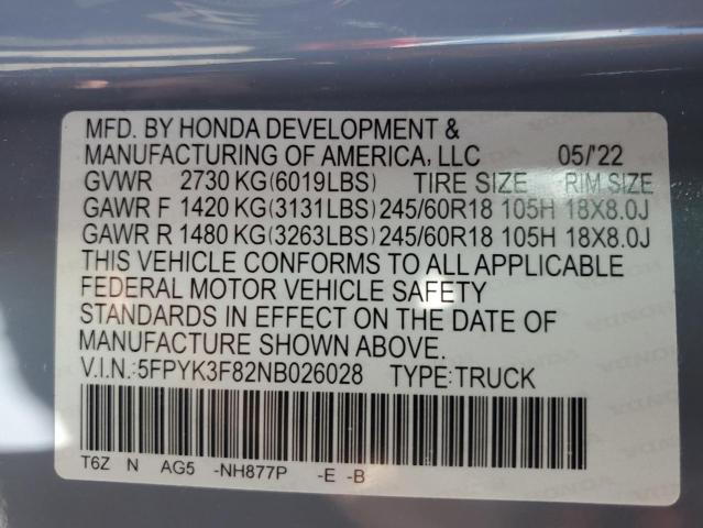 2022 HONDA RIDGELINE 5FPYK3F82NB026028