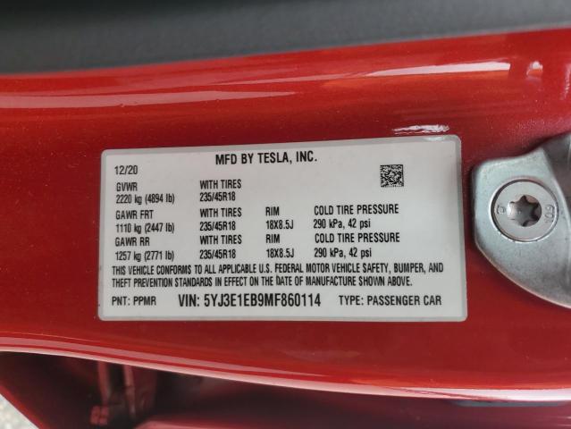 2021 TESLA MODEL 3 5YJ3E1EB9MF860114
