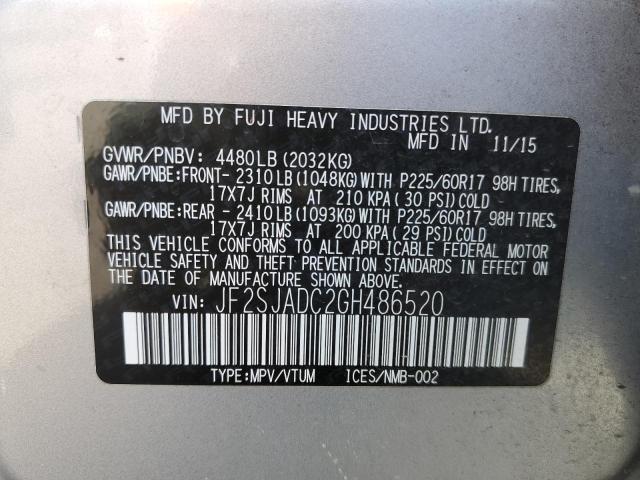 2016 SUBARU FORESTER 2 JF2SJADC2GH486520