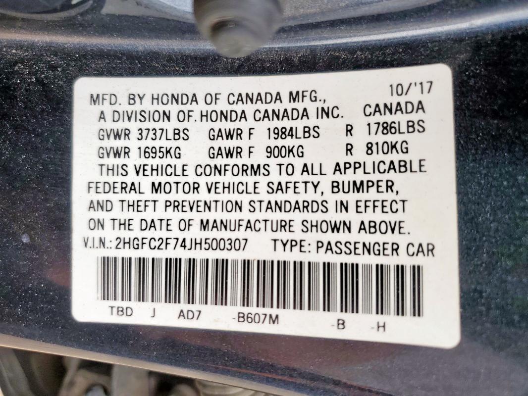 2018 HONDA CIVIC EX 2HGFC2F74JH500307