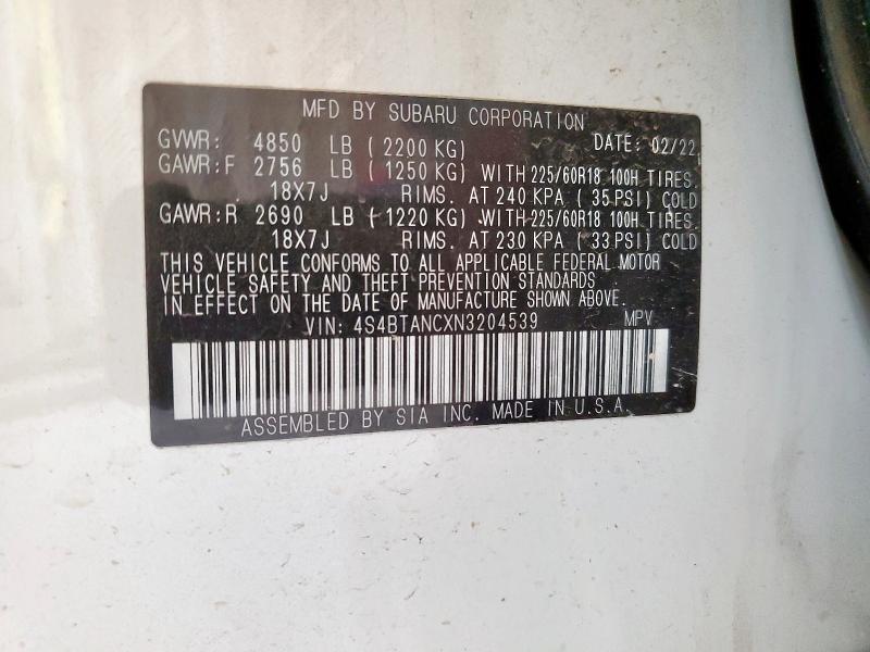 2022 SUBARU OUTBACK LI 4S4BTANCXN3204539