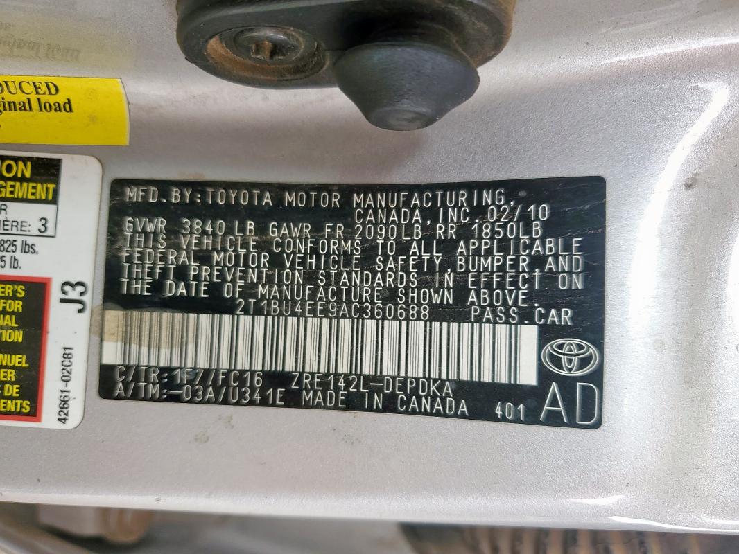 2010 TOYOTA COROLLA BA - 2T1BU4EE9AC360688