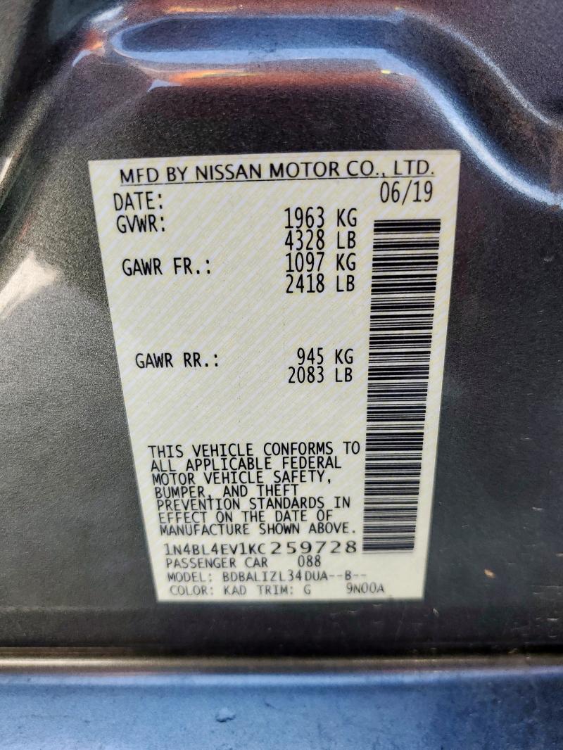 2019 NISSAN ALTIMA SL 1N4BL4EV1KC259728