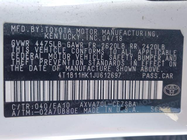 2018 TOYOTA CAMRY L 4T1B11HK1JU612697