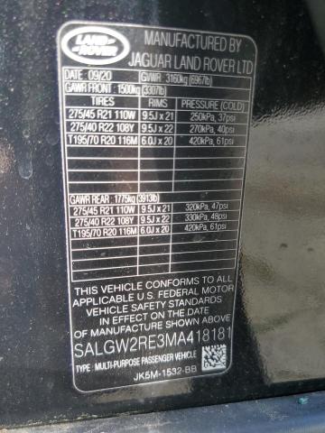 2021 LAND ROVER RANGE ROVE SALGW2RE3MA418181