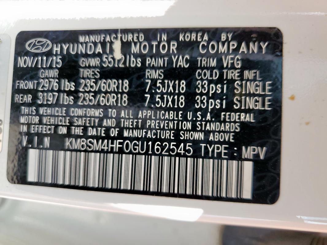 2016 HYUNDAI SANTA FE S KM8SM4HF0GU162545