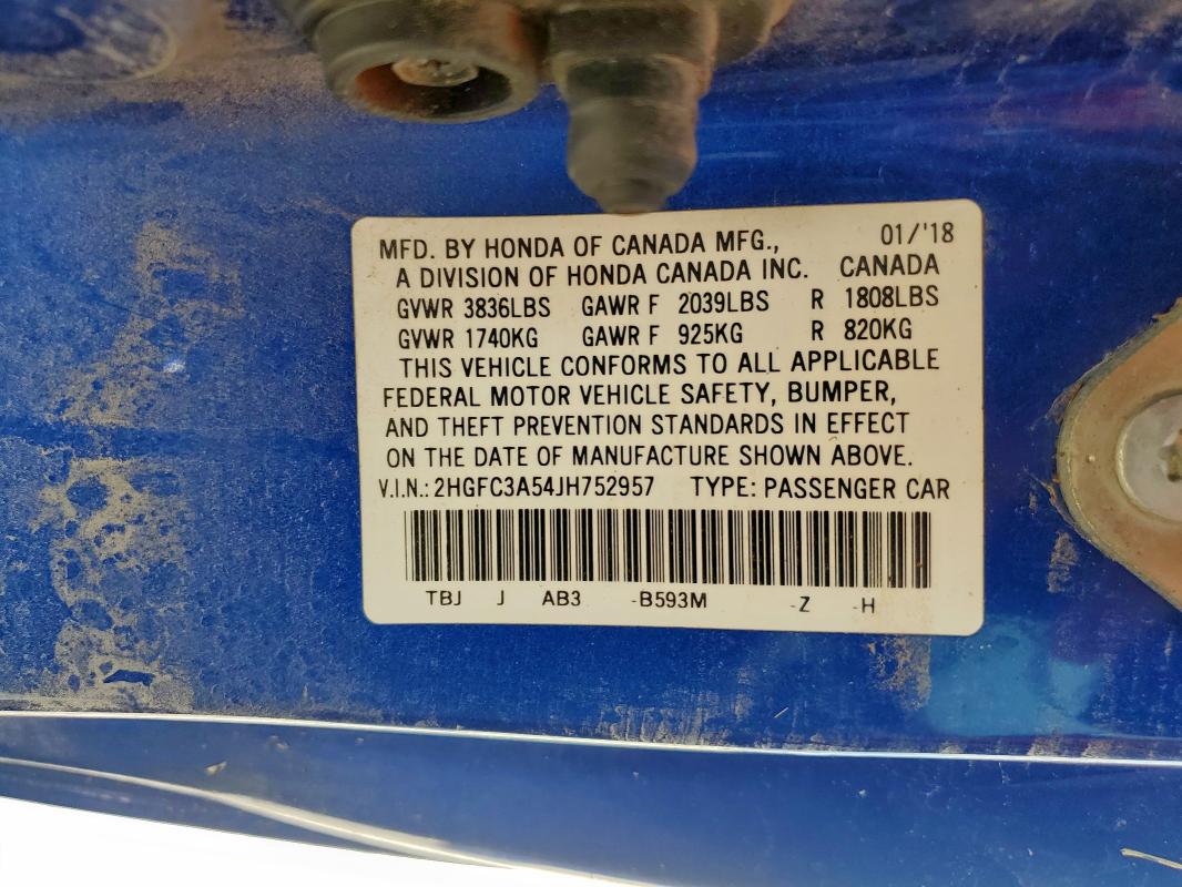 2018 HONDA CIVIC SI 2HGFC3A54JH752957
