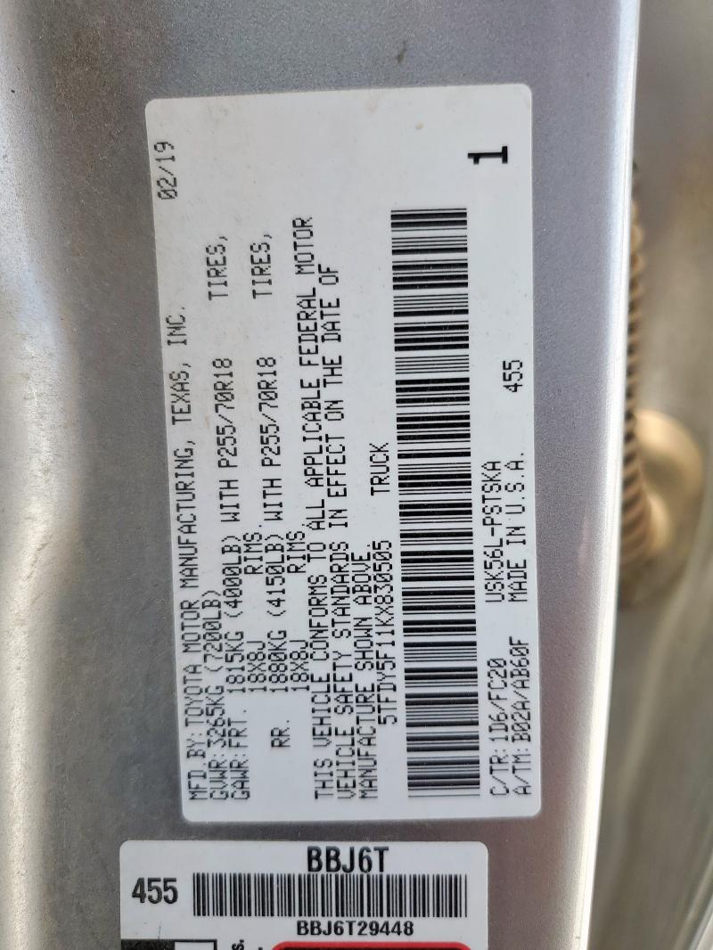 2019 TOYOTA TUNDRA CRE 5TFDY5F11KX830505