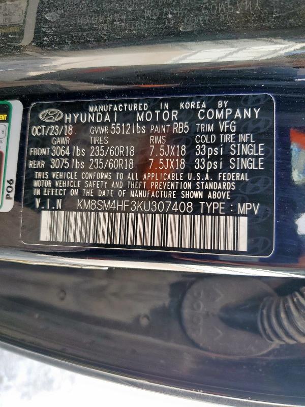 2019 HYUNDAI SANTA FE XL SE KM8SM4HF3KU307408