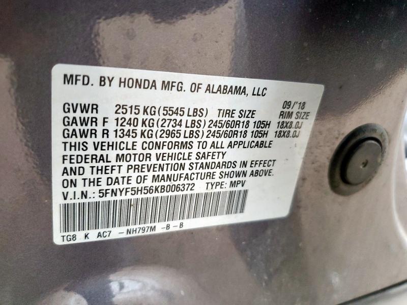 2019 HONDA PILOT EXL 5FNYF5H56KB006372