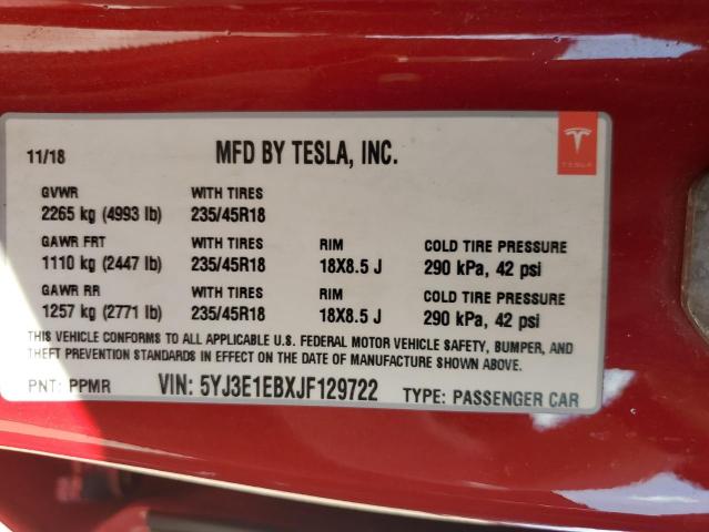 2018 TESLA MODEL 3 5YJ3E1EBXJF129722