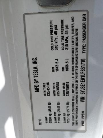 2020 TESLA MODEL 3 5YJ3E1EA1LF631710