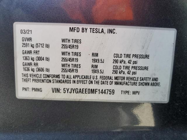 2021 TESLA MODEL Y 5YJYGAEE0MF144759