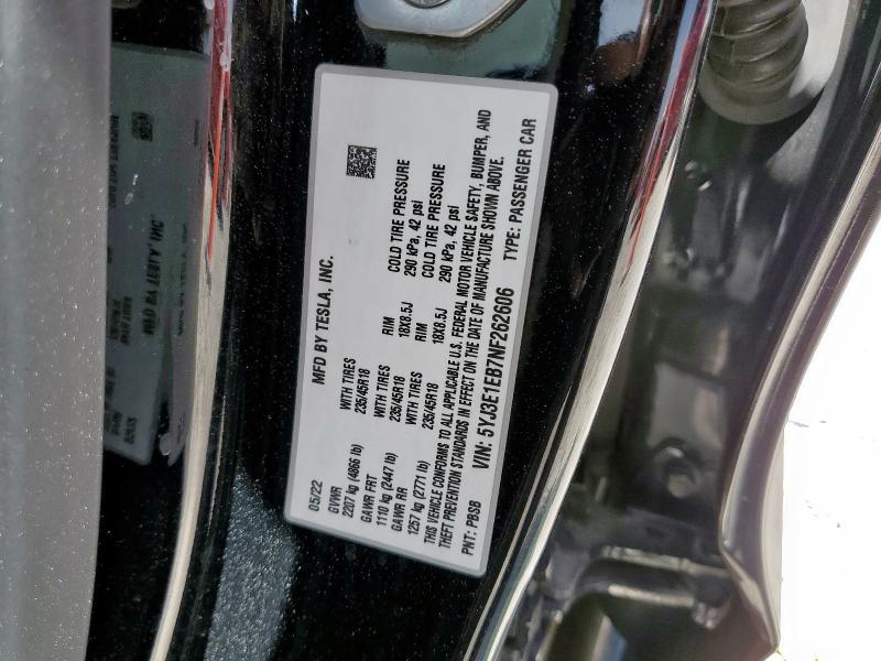 2022 TESLA MODEL 3 5YJ3E1EB7NF262606