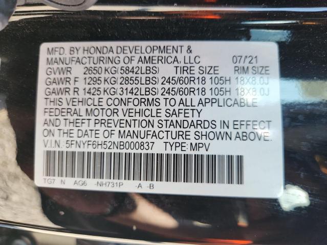 2022 HONDA PILOT EXL 5FNYF6H52NB000837