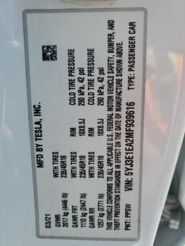 2021 TESLA MODEL 3 5YJ3E1EA2MF939616
