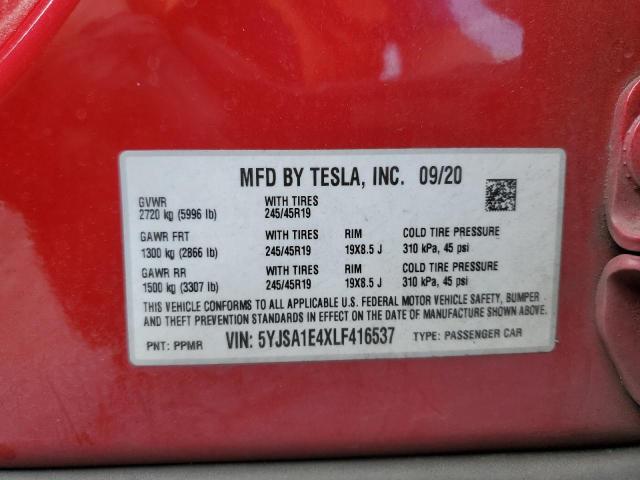 2020 TESLA MODEL S 5YJSA1E4XLF416537