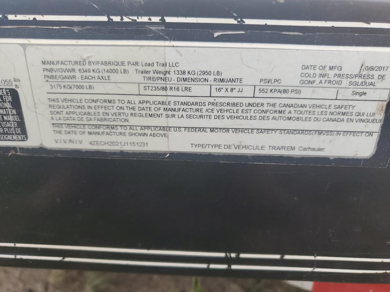 Lot #3211709522 2018 LOAD TRAIL TRAILER