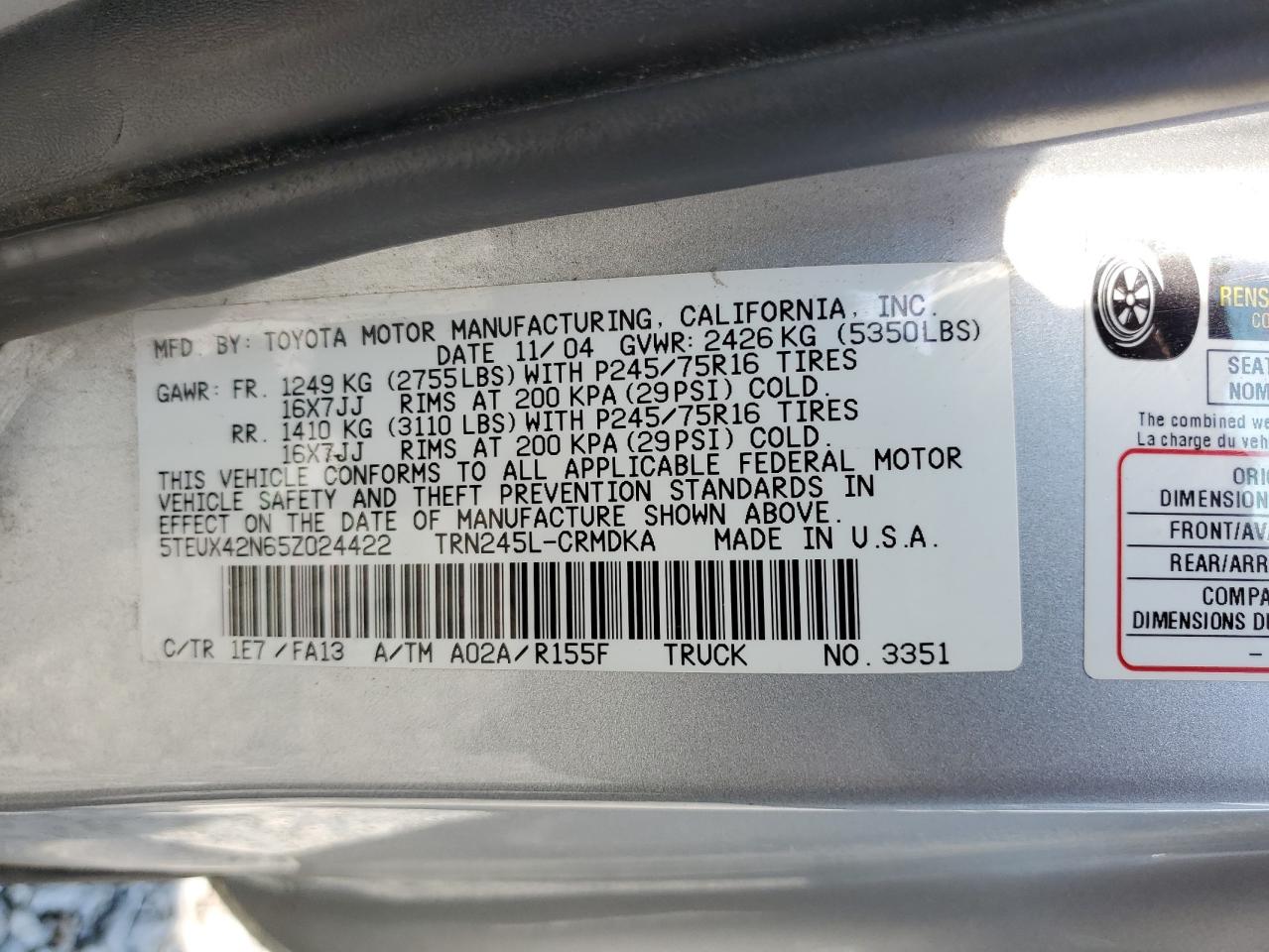 Lot #3247898172 2005 TOYOTA TACOMA ACC