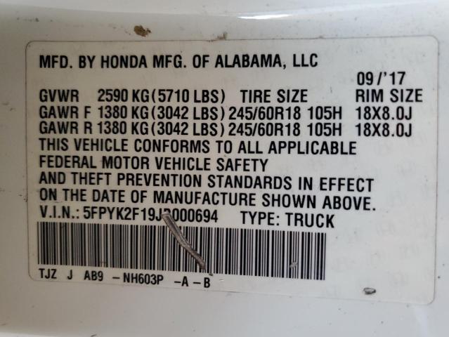 2018 HONDA RIDGELINE 5FPYK2F19JB000694