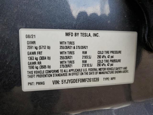 2021 TESLA MODEL Y 5YJYGDEF0MF261039