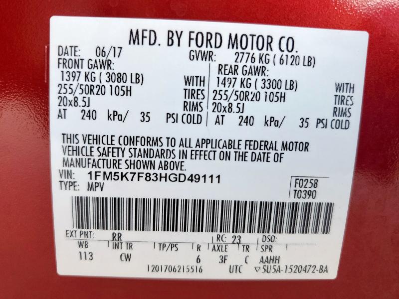 2017 FORD EXPLORER L 1FM5K7F83HGD49111