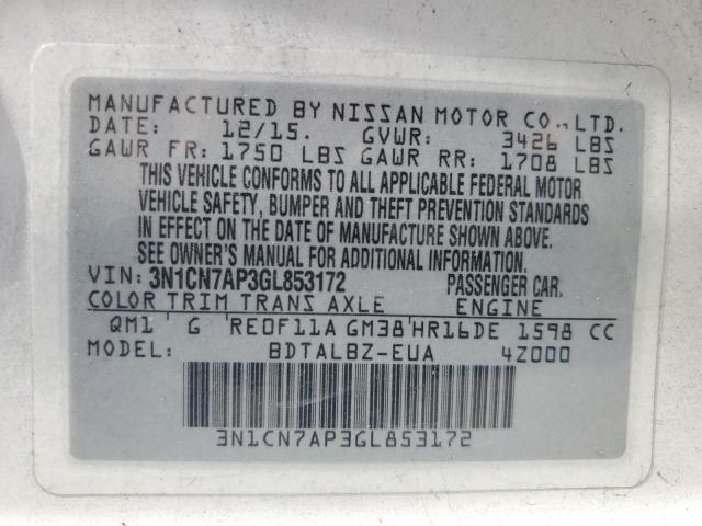 2016 NISSAN VERSA S - 3N1CN7AP3GL853172