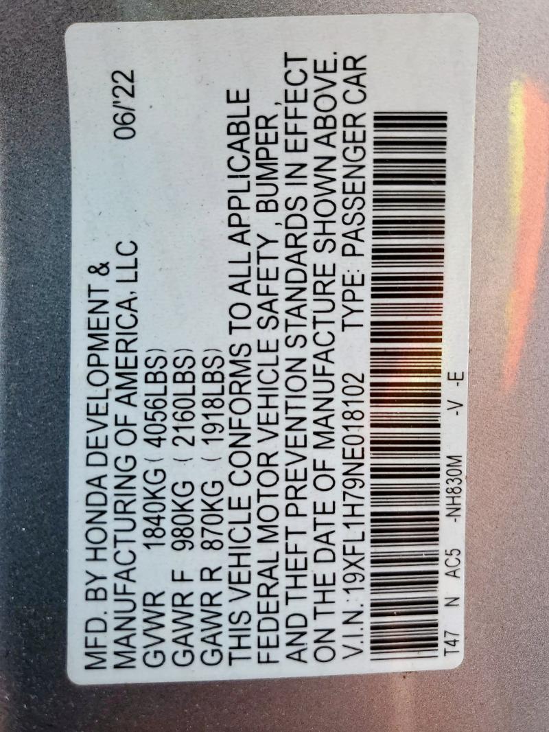 2022 HONDA CIVIC EXL 19XFL1H79NE018102