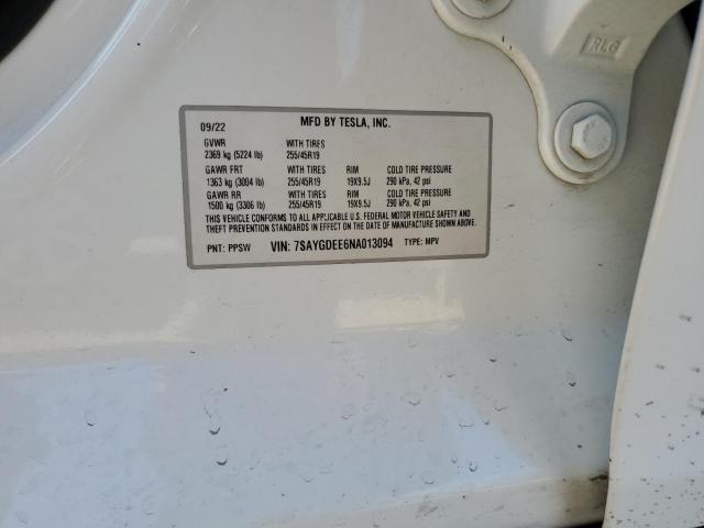 2022 TESLA MODEL Y 7SAYGDEE6NA013094