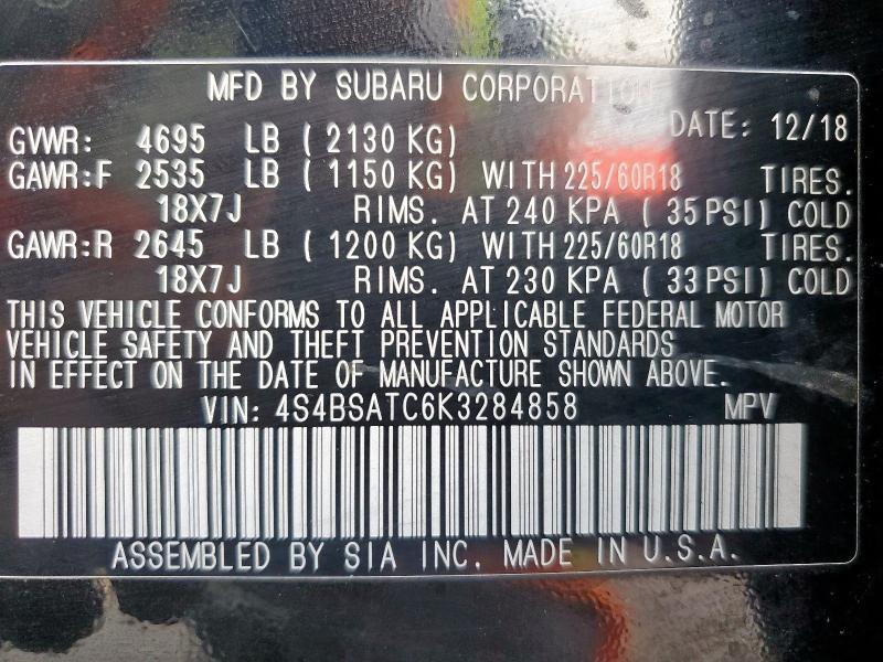 2019 SUBARU OUTBACK TO 4S4BSATC6K3284858