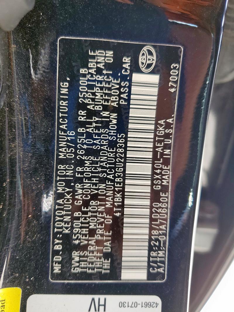 2016 TOYOTA AVALON XLE 4T1BK1EB3GU228365