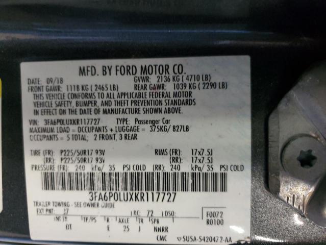 2019 FORD FUSION SE 3FA6P0LUXKR117727
