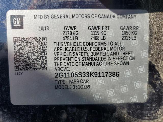2019 CHEVROLET IMPALA PRE 2G1105S33K9117386