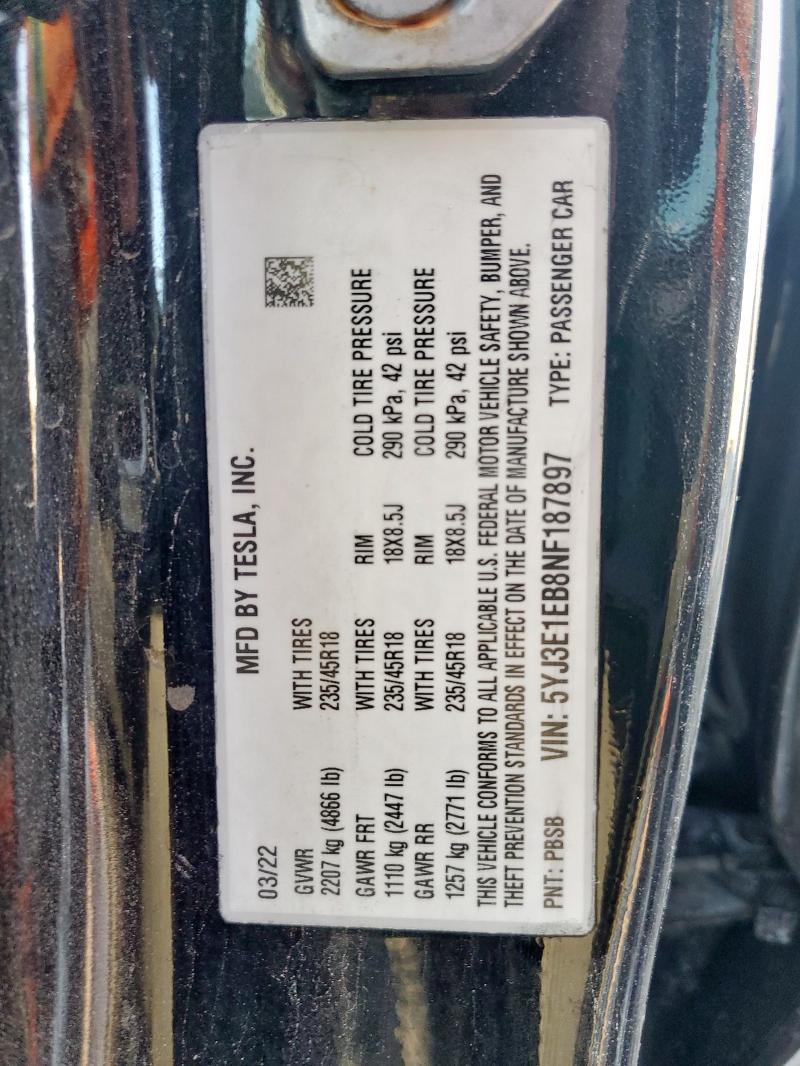 2022 TESLA MODEL 3 5YJ3E1EB8NF187897