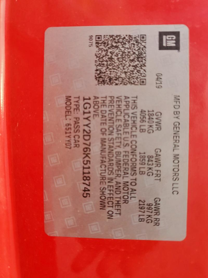 2019 CHEVROLET CORVETTE G 1G1YY2D76K5118745