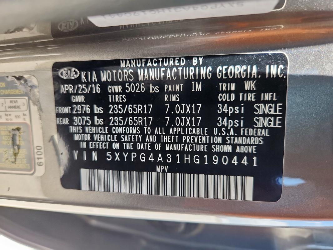 2017 KIA SORENTO LX 5XYPG4A31HG190441