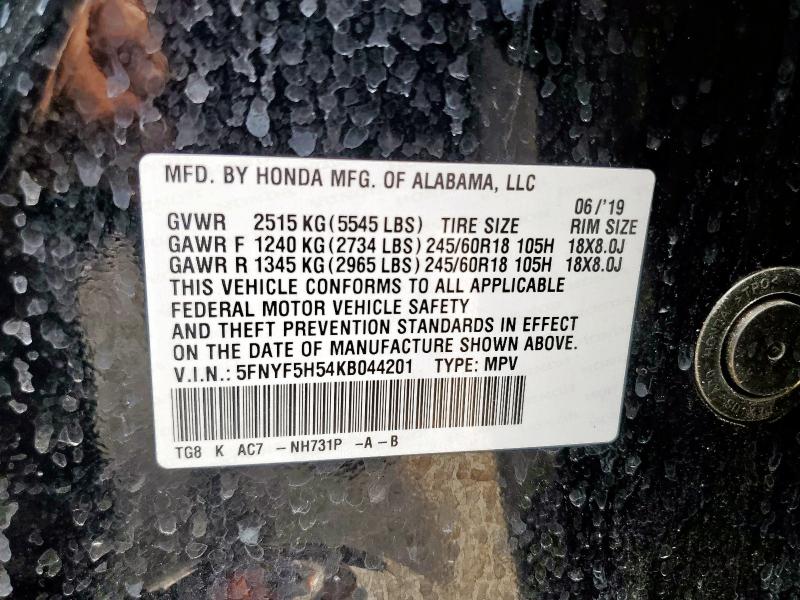 2019 HONDA PILOT EXL 5FNYF5H54KB044201