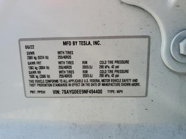2022 TESLA MODEL Y 7SAYGDEE9NF494400
