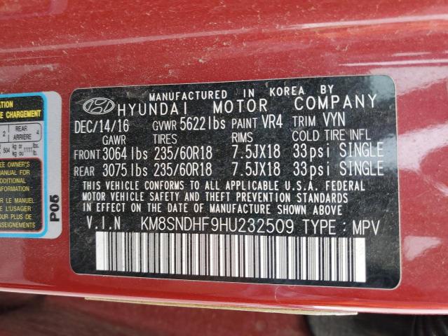 2017 HYUNDAI SANTA FE SE KM8SNDHF9HU232509